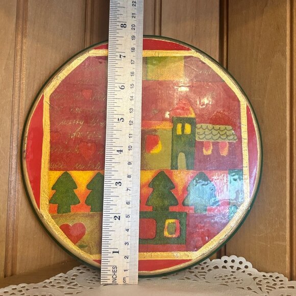 Vintage Wooden Trivet Abstract Christmas Design Red Green Gold Round 7.5 Inches - Picture 2 of 4